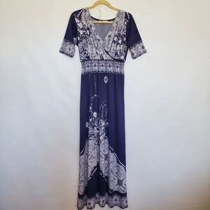 LAPOGEE MAXI DRESS FLORAL PAISLEY LIGHT-WEIGHT SOFT WHITE NAVY WOMENS ( L )